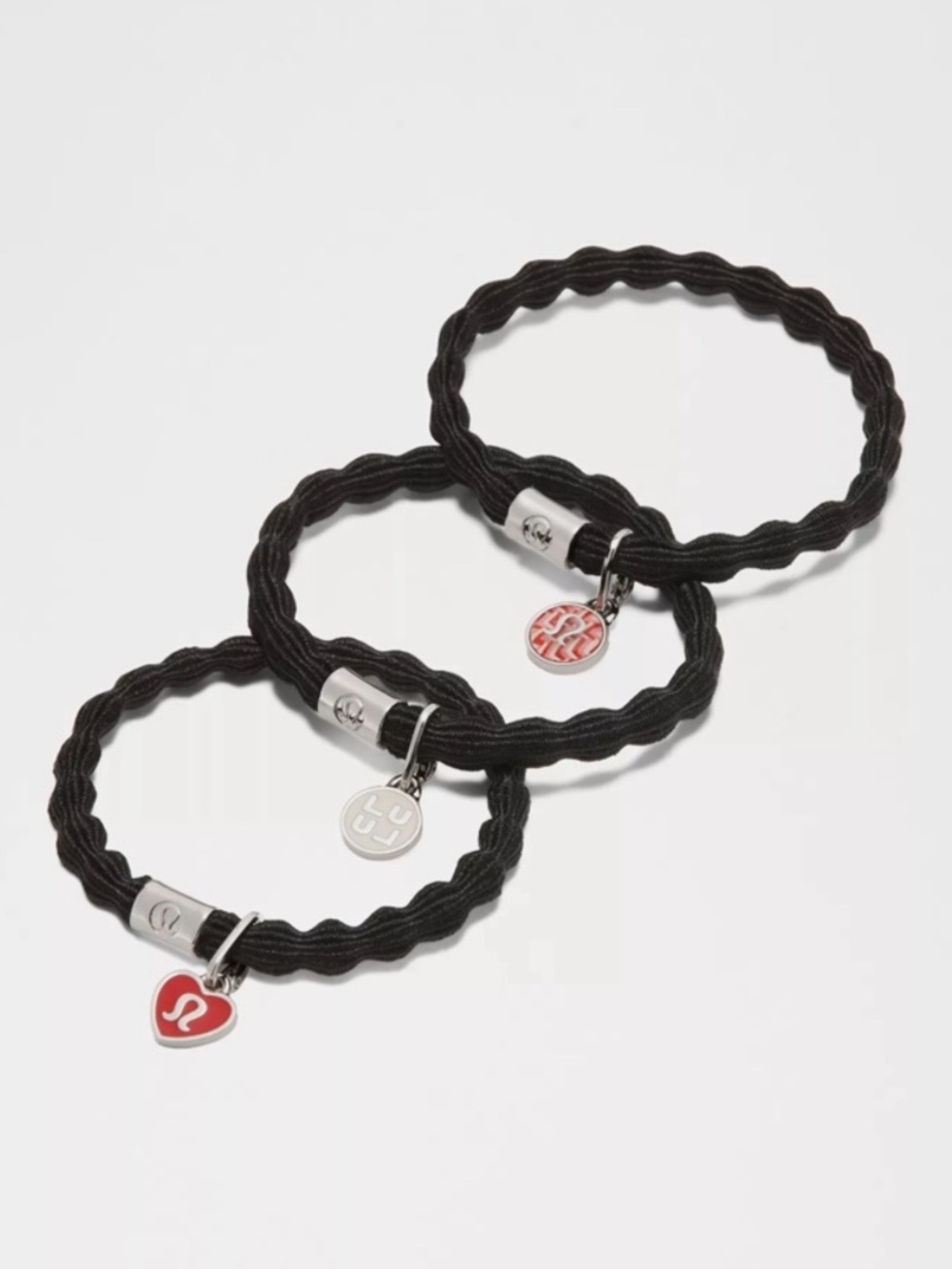 Lululemon Charm Hair Ties - Black with Silver & Red Charms (3-Pack)